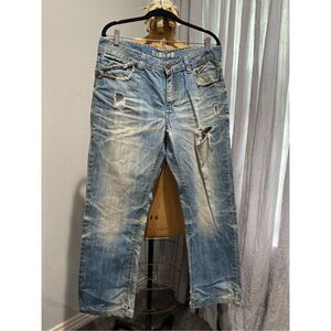 Men’s blue jeans weathered style boot cut 34” waist XL ripped light weight styli